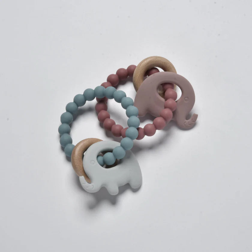 Silicone & Wood Elephant Teething Ring - Pink Haze