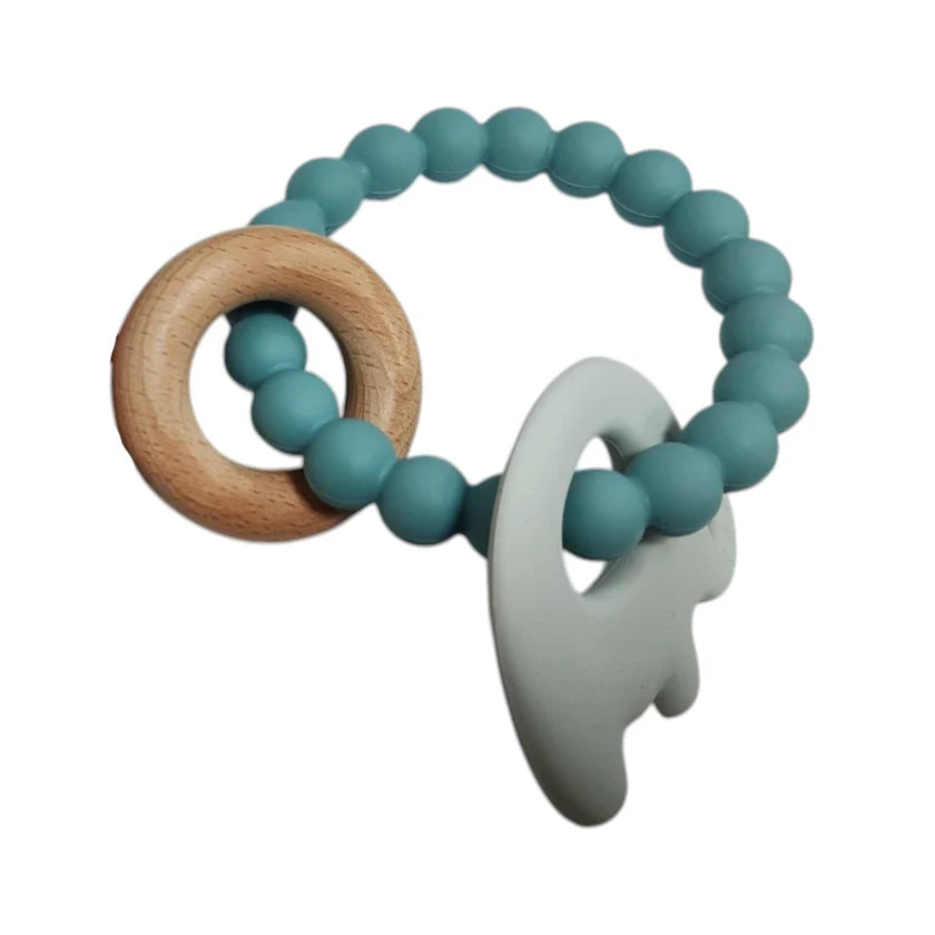 Silicone & Wood Elephant Teething Ring - Ocean Blue