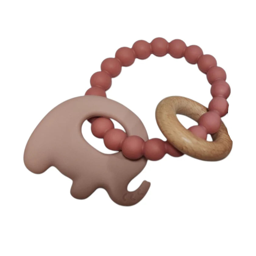 Silicone & Wood Elephant Teething Ring - Pink Haze