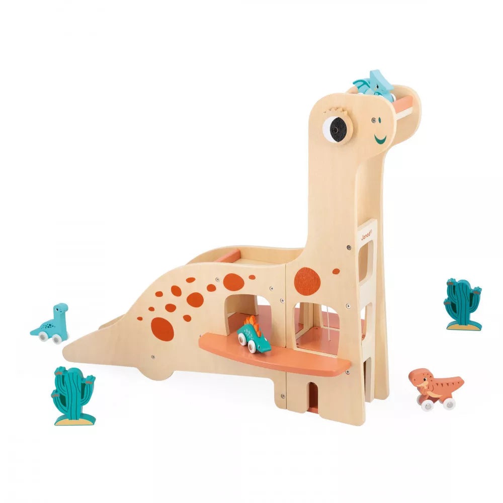 Janod Large Wooden Dinosaur Garage plus x4 Dino Cars