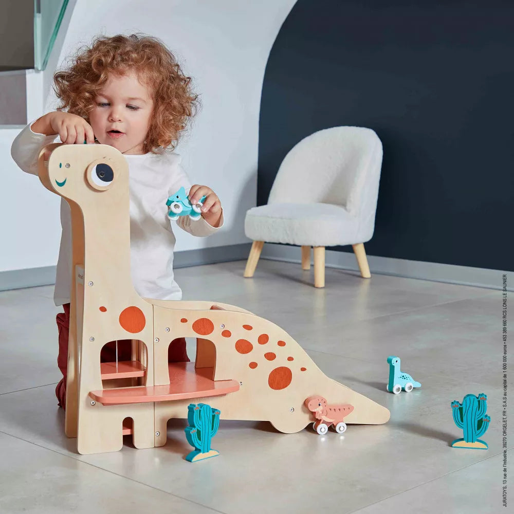 Janod Large Wooden Dinosaur Garage plus x4 Dino Cars
