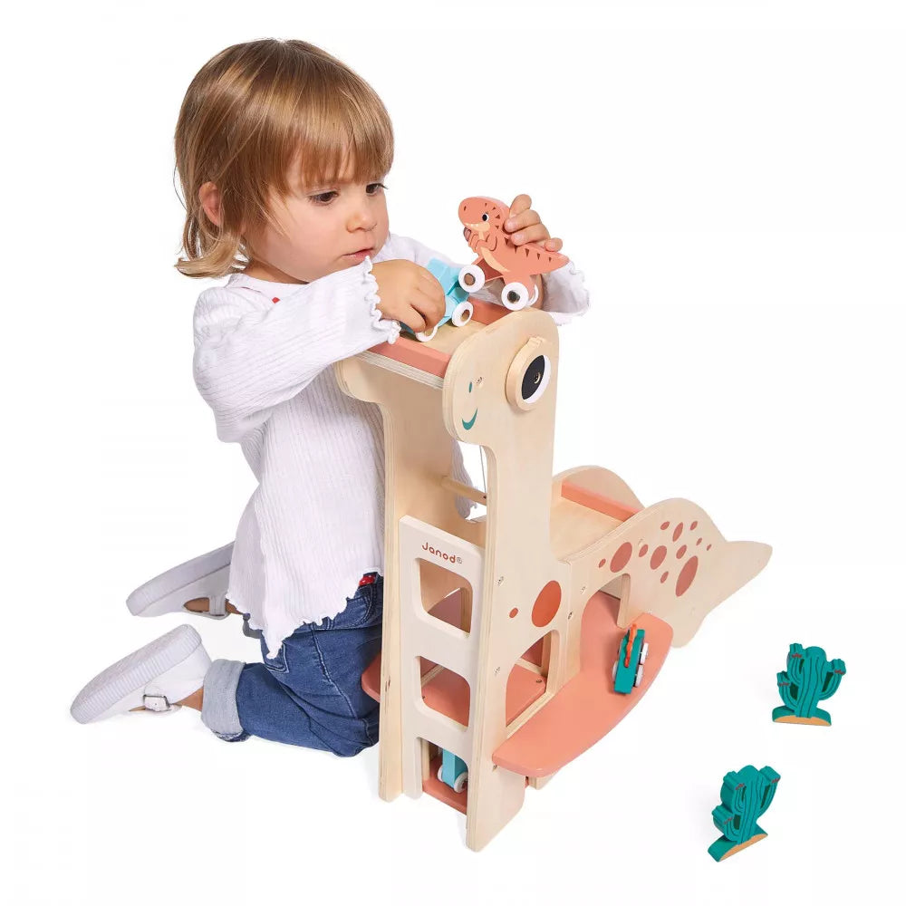 Janod Large Wooden Dinosaur Garage plus x4 Dino Cars