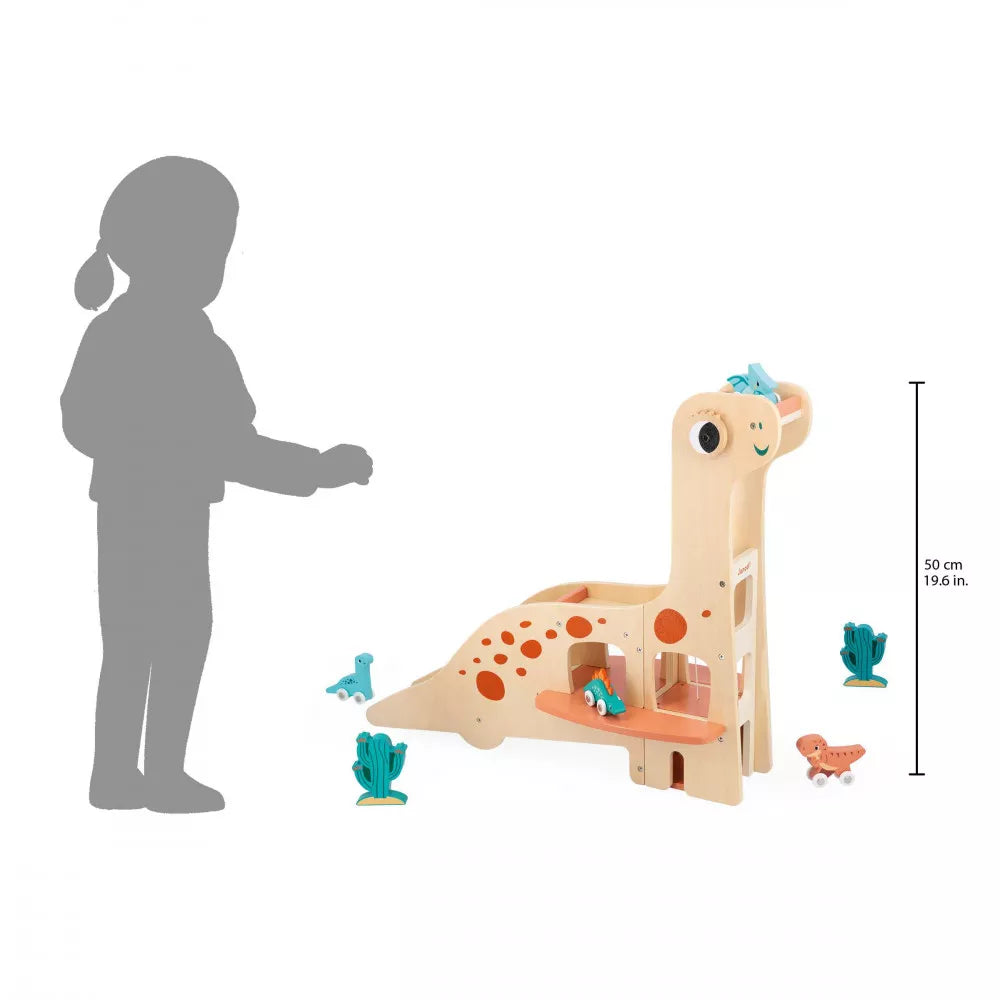 Janod Large Wooden Dinosaur Garage plus x4 Dino Cars