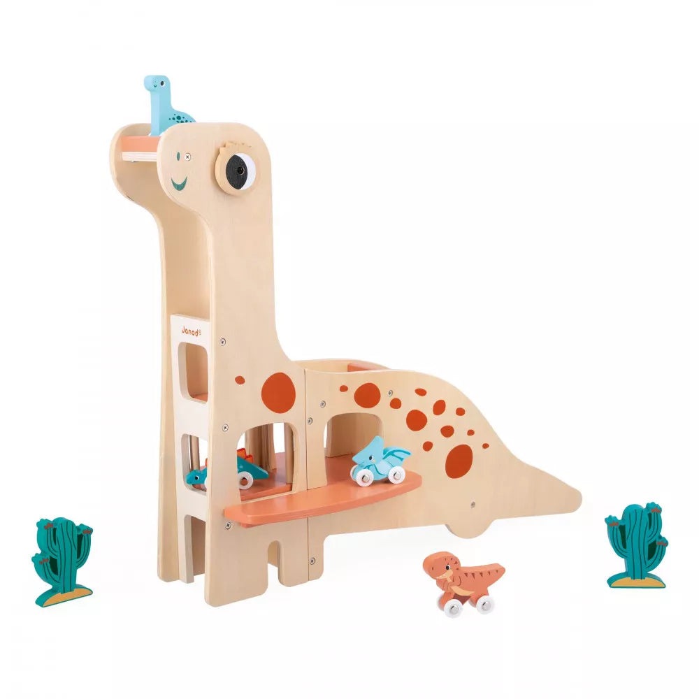 Janod Large Wooden Dinosaur Garage plus x4 Dino Cars