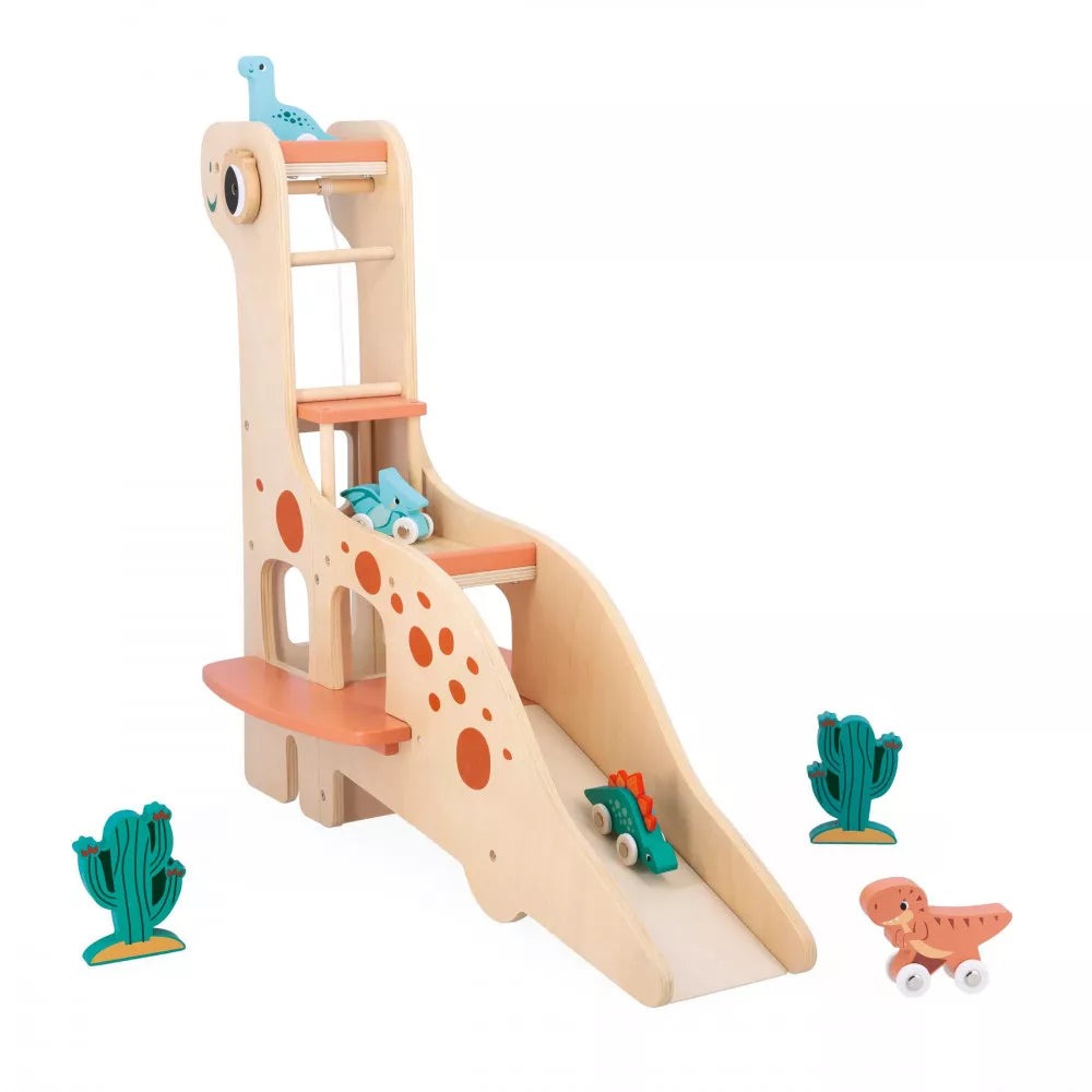Janod Large Wooden Dinosaur Garage plus x4 Dino Cars