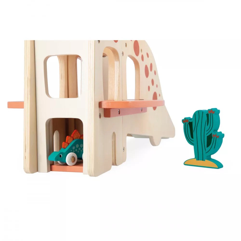 Janod Large Wooden Dinosaur Garage plus x4 Dino Cars