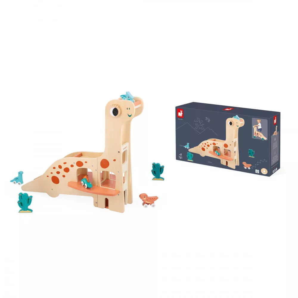 Janod Large Wooden Dinosaur Garage plus x4 Dino Cars
