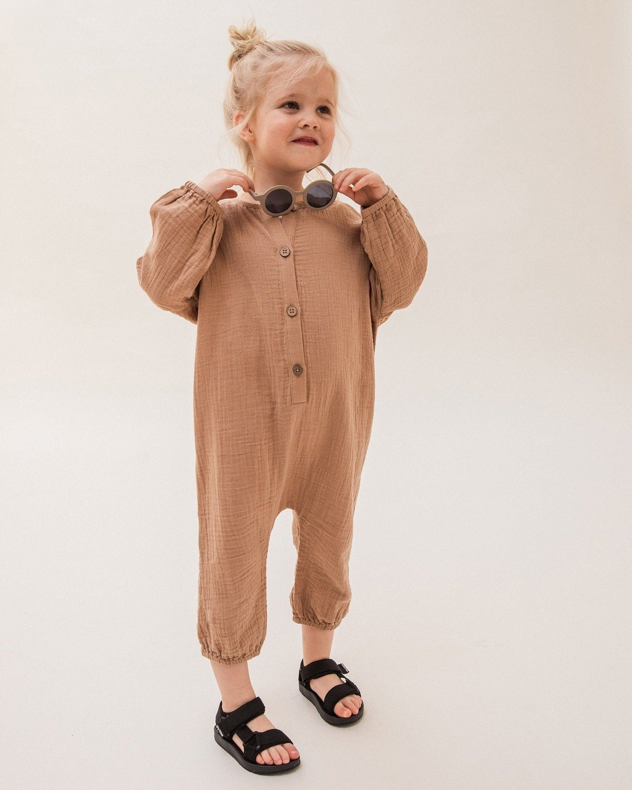 The lovely brand new Claude & Co jumpsuit with collar in the Fawn colour is available from Alf & Co, the children’s independent