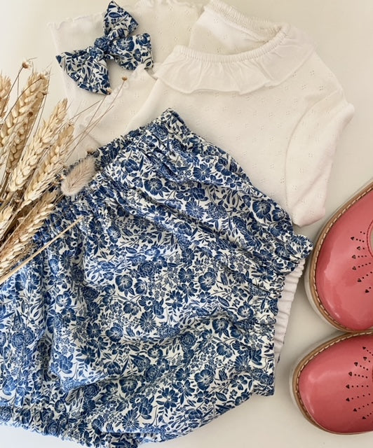 Cotton Bloomer & Bow Set - blue Floral Bloomers