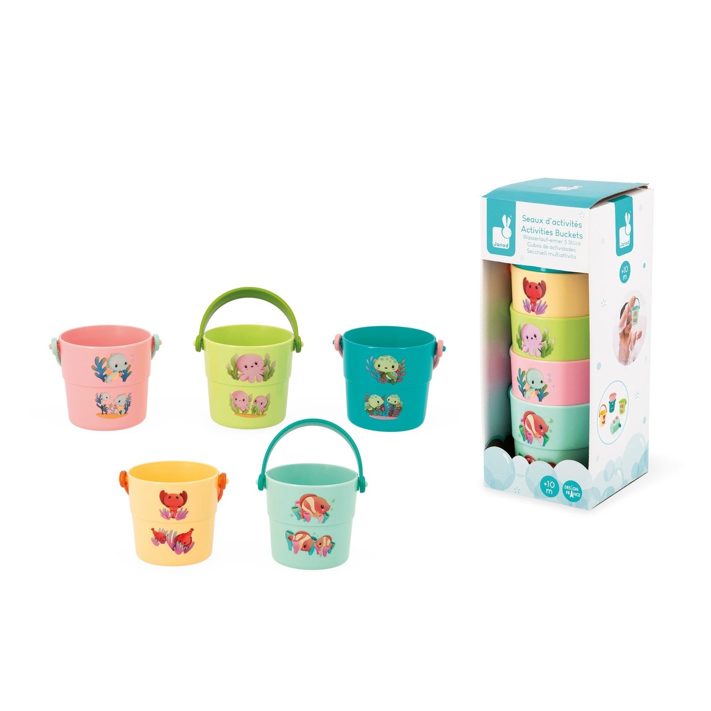 The Janod 5 Activity Bath Buckets Toy-My Baby Animals are stocked at Nottinghamshire children’s store Alf & Co