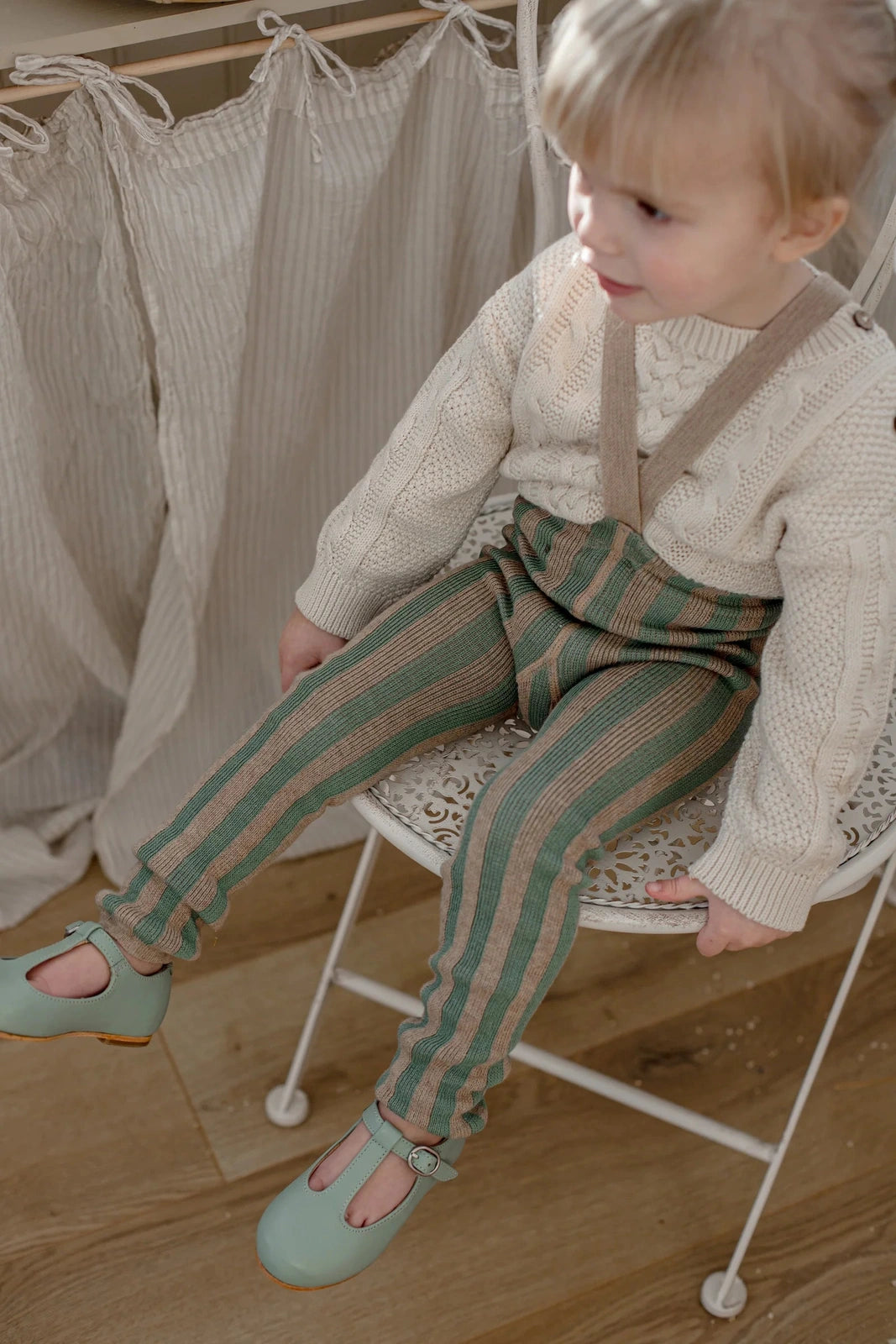 Silly Silas Stripe Footless Tights with Braces - Matcha X Cream Stripe