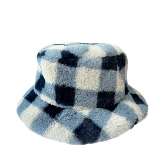 Blue Checked Furry Bucket Hat