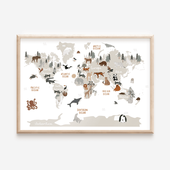 Animal World Map A3 Print Stone