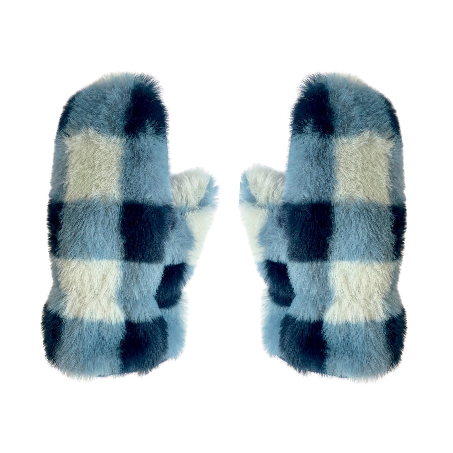 Blue Furry Checked Mittens