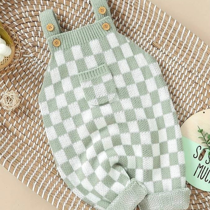 Sage Checkerboard Knit Baby Dungarees