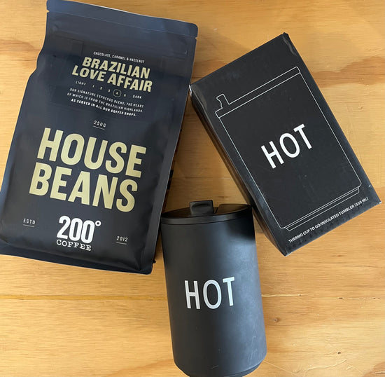 Coffee Lovers Gift Set-Thermo HOT Mug and 200 Degrees Coffee Bean Home Bag, Gifts for Dad, Gift for Dad from Baby, Nottinghamshire Stockist, Independent Children’s Store, Gift for Him, Gift for Her, New Parent Gift Set