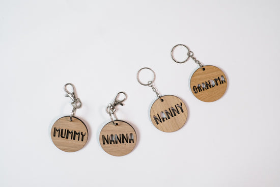 Load image into Gallery viewer, Wooden Family Key Ring KeepSake | Mummy, Daddy Grandparent, Personalised Key Ring, Family Keyring, Family Key Chain, Nottinghamshire Stockist, Hannah Joy Keyring, Independent Midlands Children’s Store 
