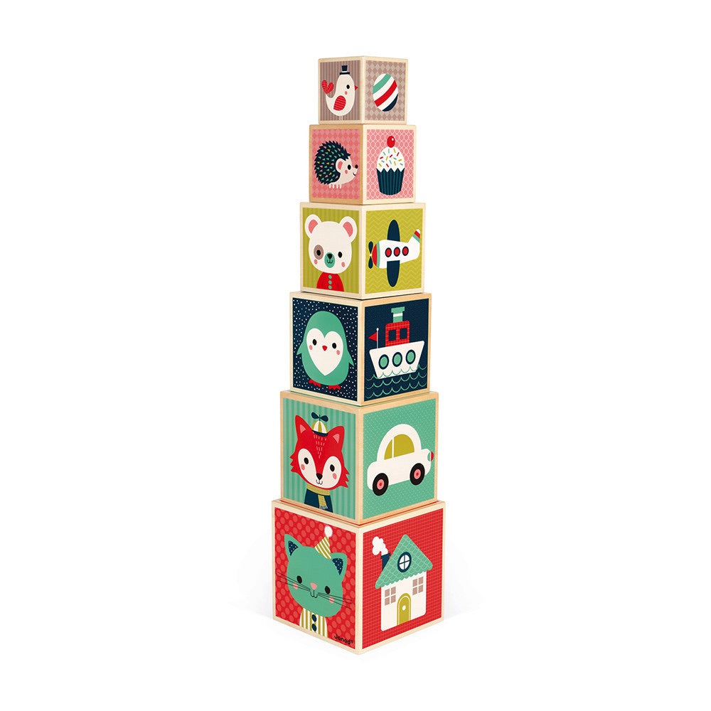 Janod Stacking Baby Forest Wooden Pyramid Blocks - Set Of 6