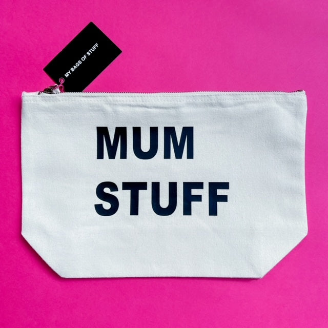 Mum Stuff Large Natural Pouch perfect for a new mama stocked in Nottingham’s Independent Store Alf & Co. Baby Gift Hampers, Beautiful New Baby Gifts