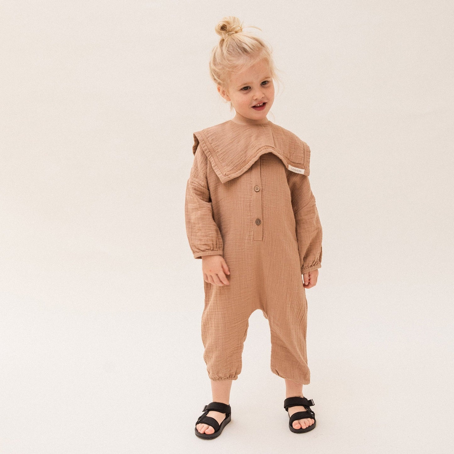 Load image into Gallery viewer, The brand new Claude &amp;amp; Co Gauze Jumpsuit and collar in Fawn is available from Nottinghamshire Stockist Alf &amp;amp; Co 
