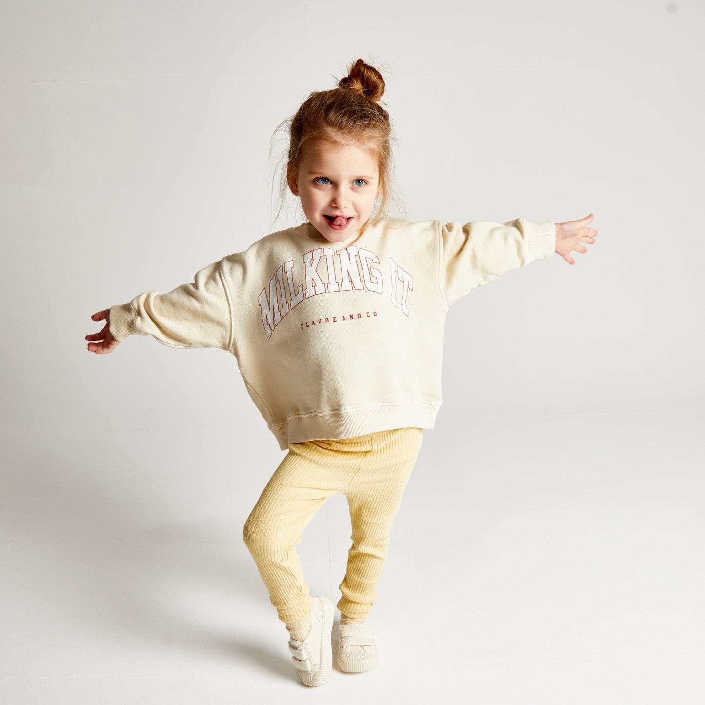 Load image into Gallery viewer, Claude and Co Milking It College Sweater-Kids Oat, Twinning Clothing, Claude and Co Sweatshirt, Children’s Clothing, Baby Shower Gift, Claude and Cp, Claude &amp;amp; Co, Claude and Co Milking It, Nottinghamshire Stockist, Midlands Baby shop
