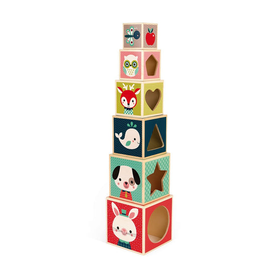 Janod Stacking Baby Forest Wooden Pyramid Blocks - Set Of 6