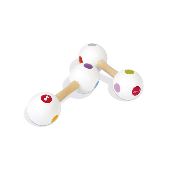 Janod Wooden Confetti Maracas Barbell Musical Toy, Music Toys, Interactive Toy, Noisy Sensory Toy, Maraca Rattle, Janod Stockist, Toys for Kids, Wooden Toys, Toys for Girls, Toys for Boys, Toys for 1 Year Old, Nottinghamshire Stockist