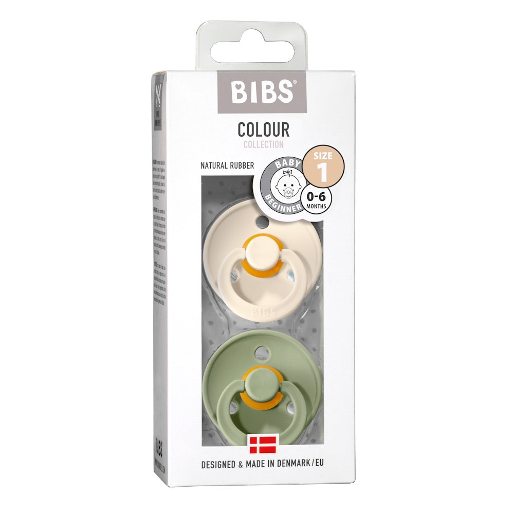 The BIBS Dummy Colour 2 Pack-Size 1- Ivory/Sage is available from Nottinghamshire Children’s Store Alf & Co