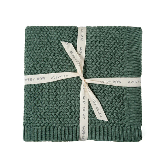 Avery Row, Pine Green Knitted Blanket, Knitted Blanket, Baby Blanket, Newborn Blanket, Pine Green Blanket, baby shower gift, newborn gift, Avery Row Stockist, sustainable children’s brands, Nottinghamshire Children’s store, gift for newborn baby and mother 