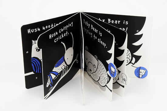 Hush…Little Bear is Sleeping, wee gallery, children’s book, baby book, sound book, Black & White book, sensory books for babies, independent kids brand, midlands baby store, baby gift hampers, new baby gift set, new baby boy gifts