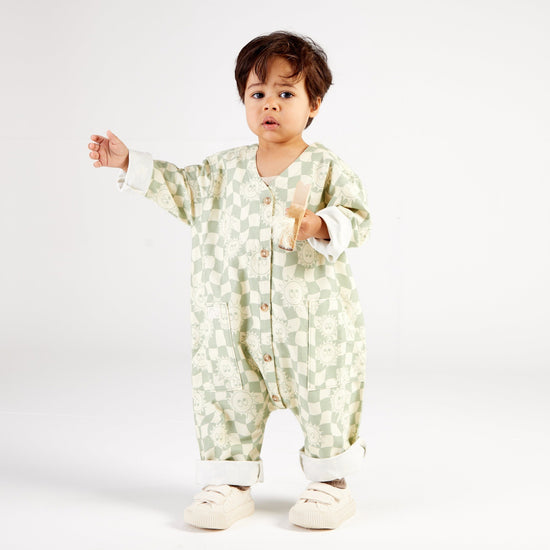 Load image into Gallery viewer, The brand new Claude &amp;amp; Co check sunshine overalls  in Sage are available from Nottinghamshire children’s store Alf &amp;amp; Co  
