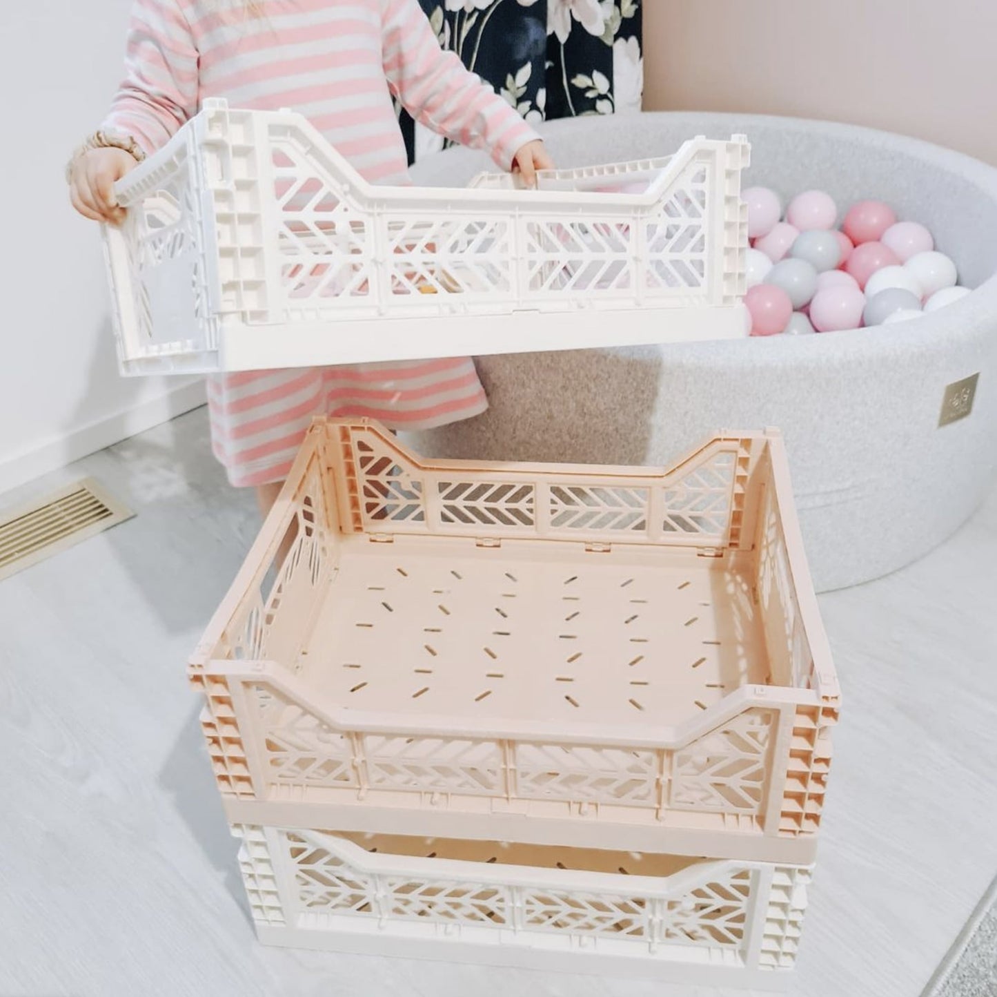 Aykasa Folding Crate, Midi, Coconut Milk, playroom storage, home storage, nursery storage, Nottinghamshire stockist, toy organisation, independent kids brand, Nottinghamshire independent children’s store 