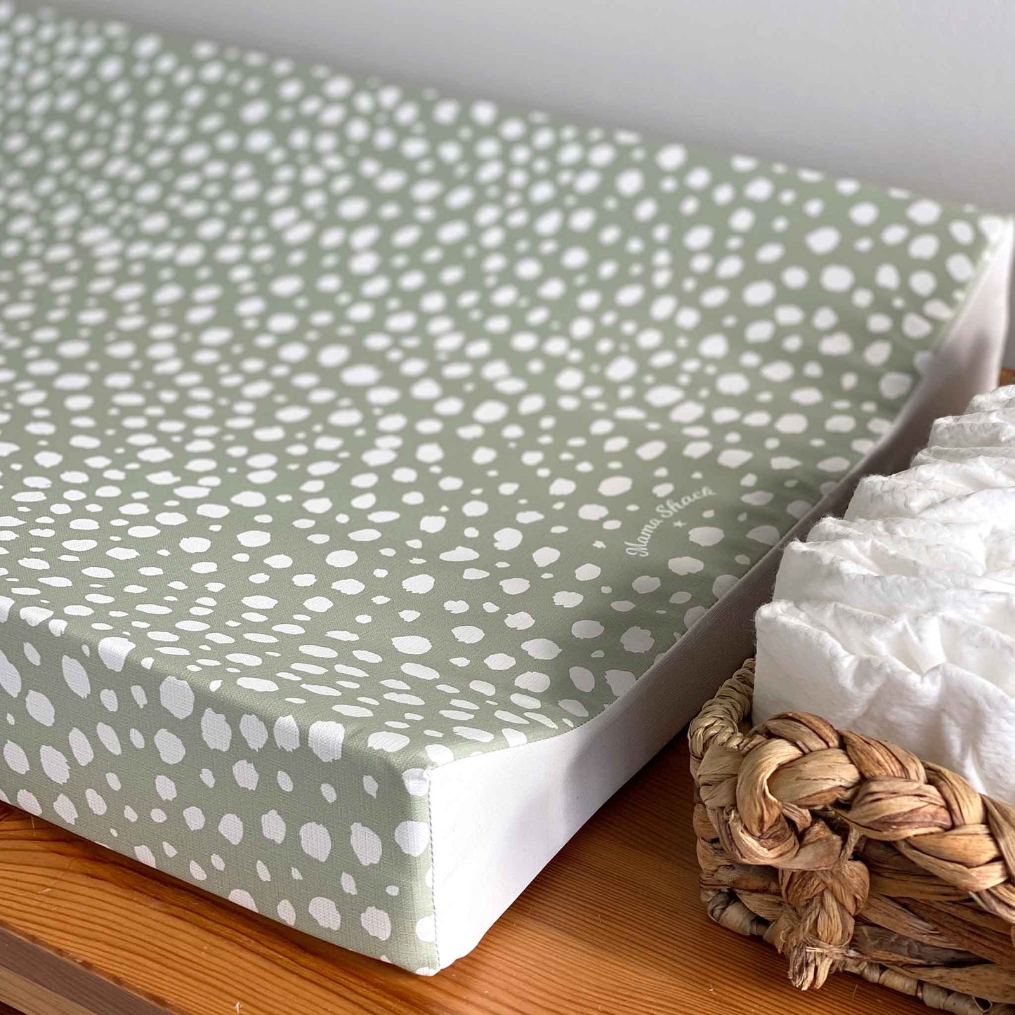 Load image into Gallery viewer, Alf &amp;amp; Co is a midlands children’s store and is stockist of the Mama Shack Anti Roll Changing Mat in the Sage Dotty Print 
