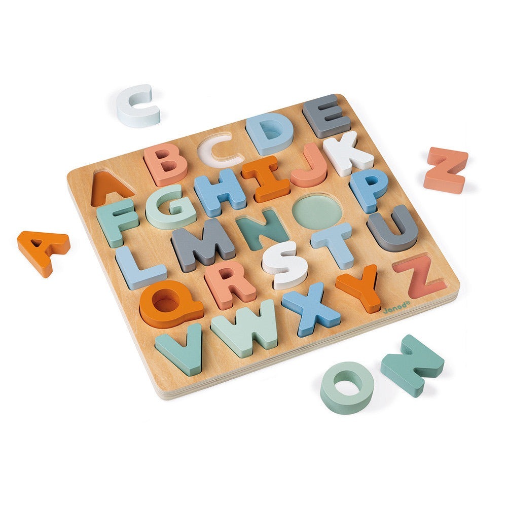 Load image into Gallery viewer, The Janod Sweet Cocoon Wooden Alphabet Kids Puzzle is available from Nottinghamshire children’s store Alf &amp;amp; Co.
