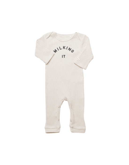 Load image into Gallery viewer, Claude &amp;amp; Co Milking it Oat Romper stocked for a newborn gift at Alf &amp;amp; Co’s Nottingham Claude &amp;amp; Co Stockist Baby Shop. Perfect to add to Baby Gift Hampers.
