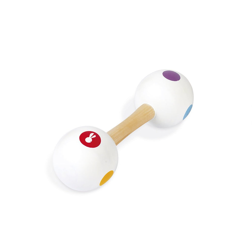 The Janod Wooden Confetti Maracas Barbell Musical Toy is available from Nottinghamshire Toy Store Alf & Co 