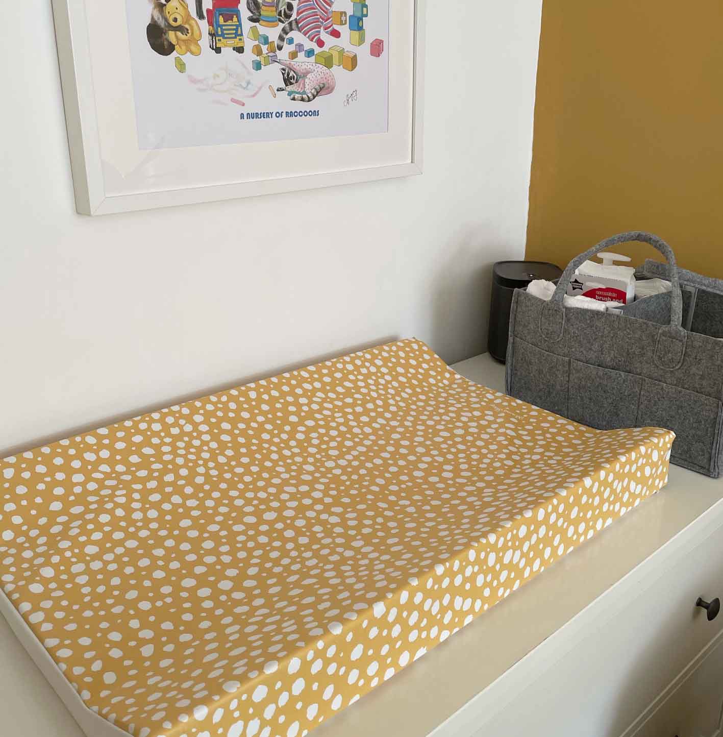This Mama Shack Anti Roll Changing Mat in Mustard Spotty is Available at local independent children’s store Alf & Co. A beautiful new baby gifts 